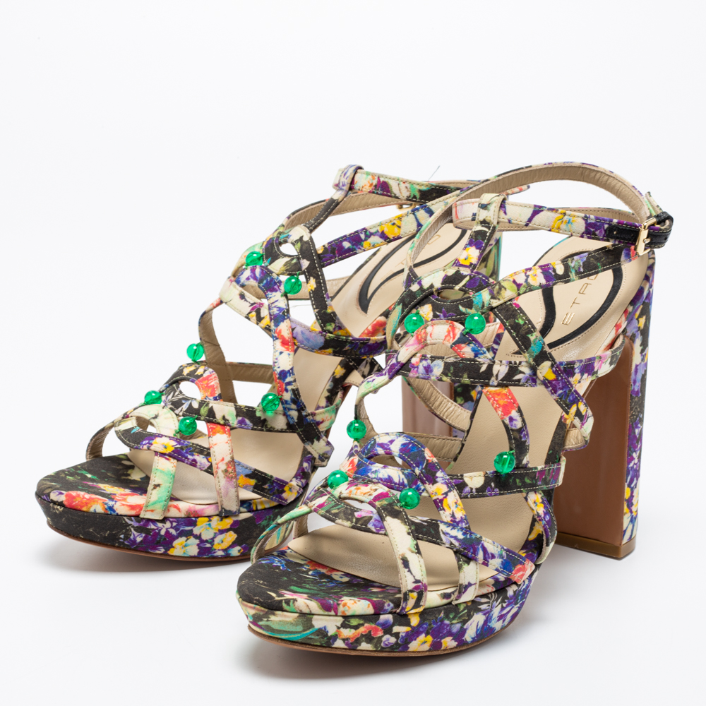 

Etro Multicolor Floral Print Fabric Block Heel Strappy Sandals Size