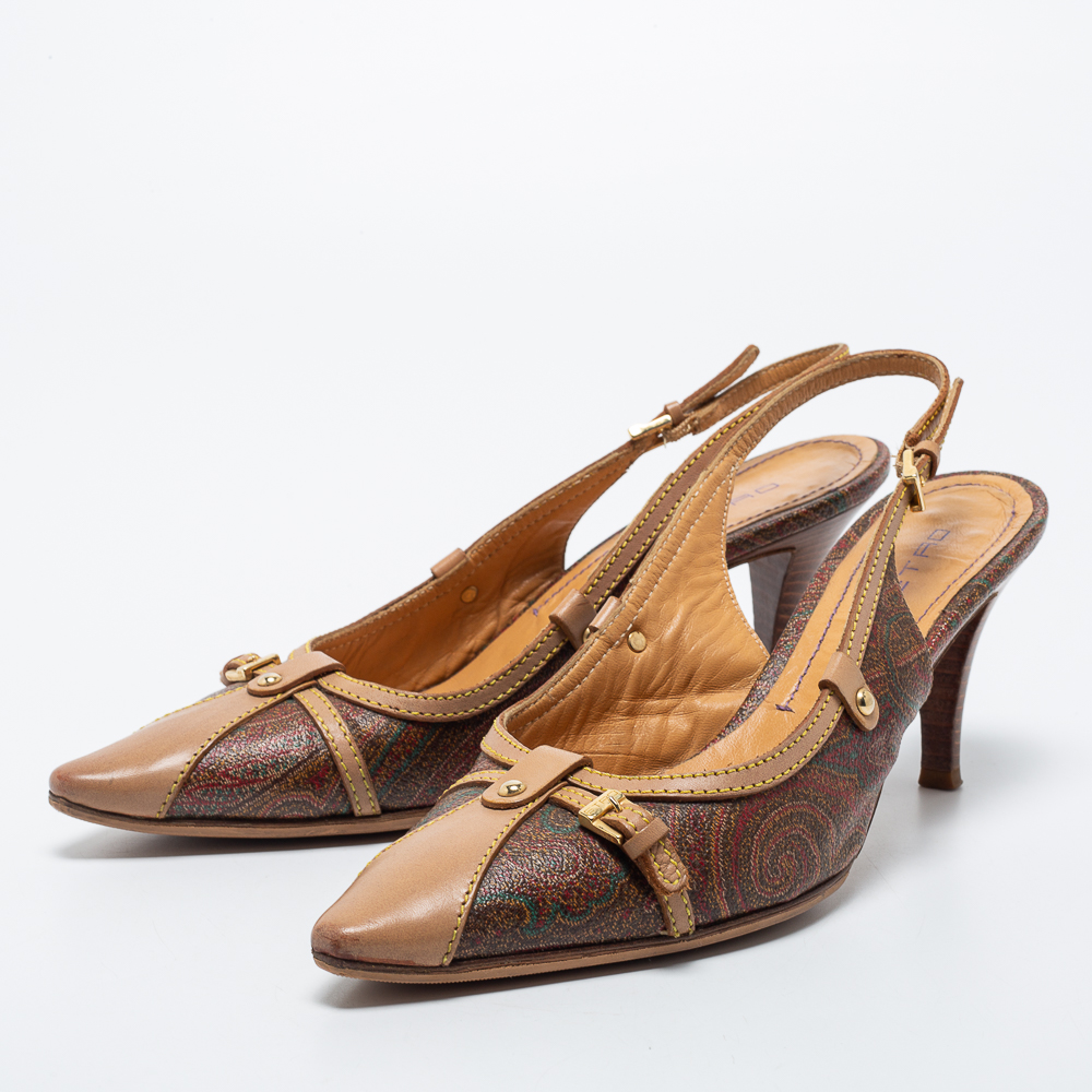 

Etro Leather Multicolor Leather And Canvas Pointed Toe Slingback Pumps Size