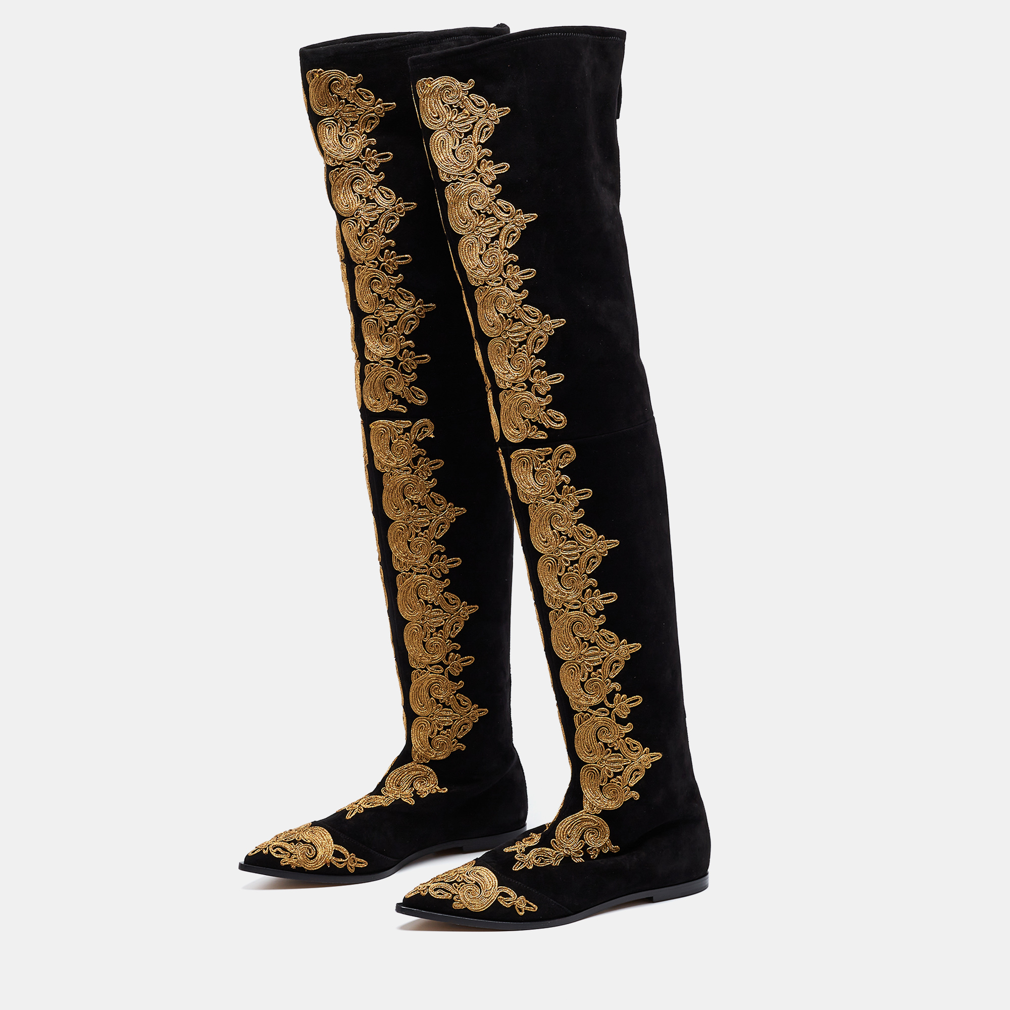 

Etro Black Suede Paisley Embroidered Thigh-High Boots Size