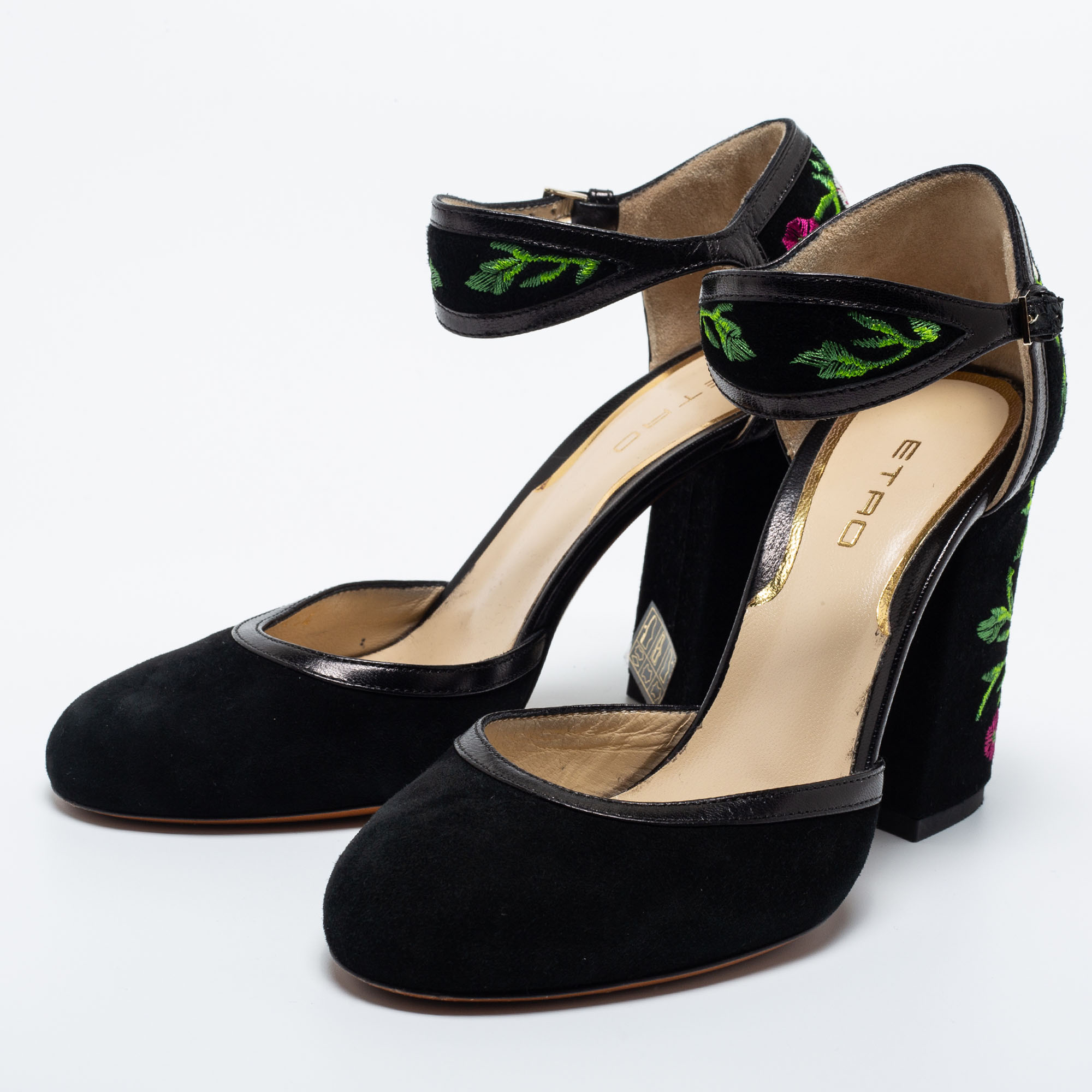 

Etro Black Suede and Leather Embroidered Block Heel Pumps Size