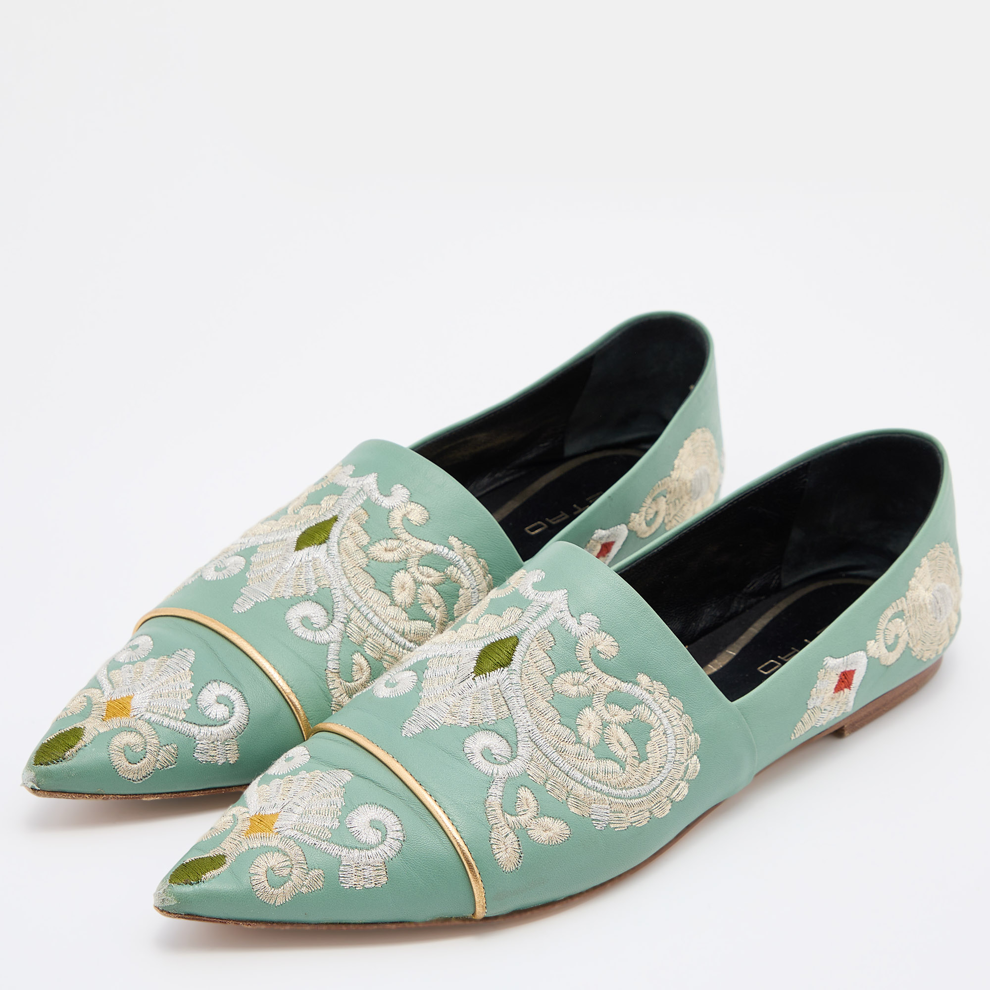 

Etro Green Embroidered Leather Pointed Ballet Flats Size