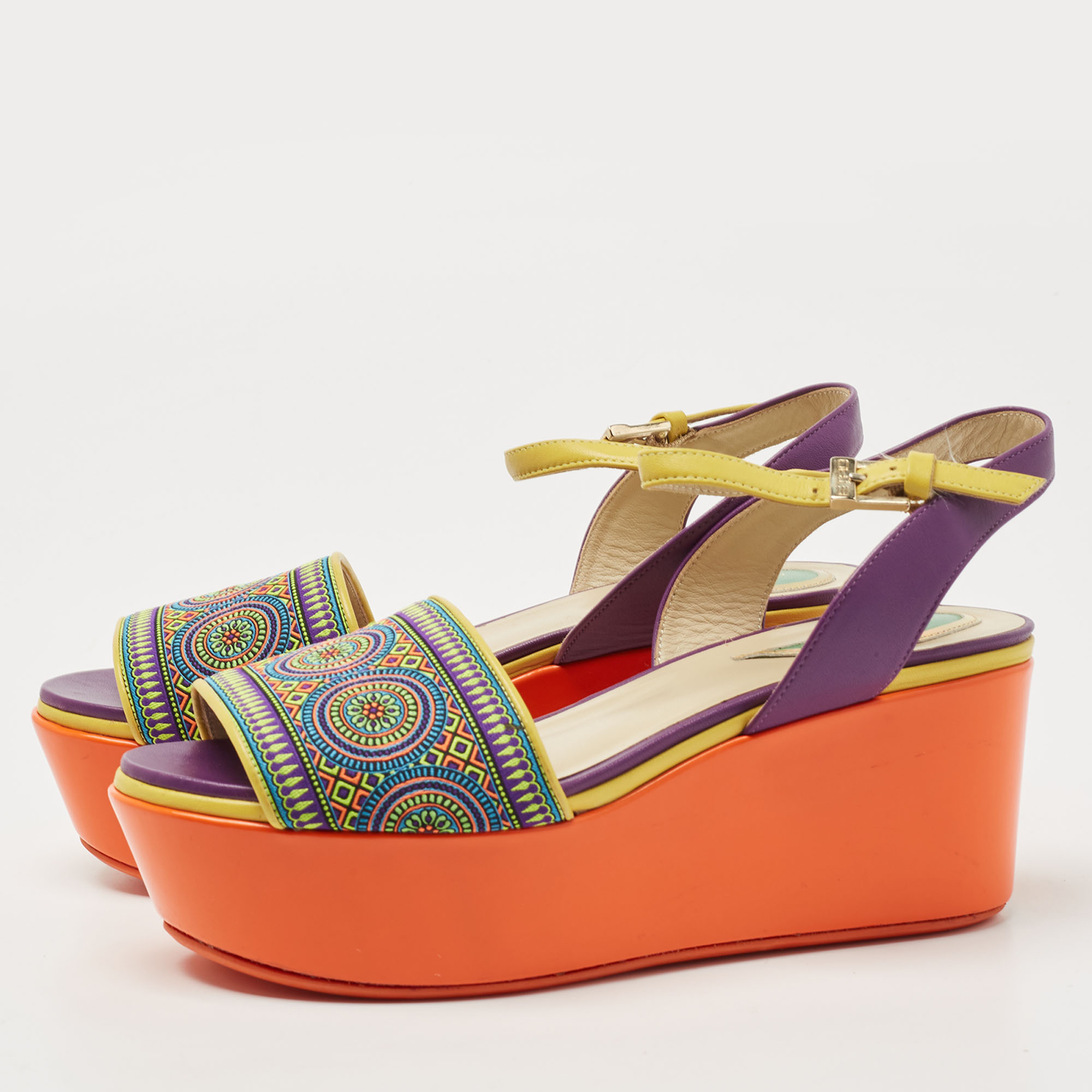 

Etro Multicolor Fabric And Leather Ankle Strap Wedge Platform Sandals Size