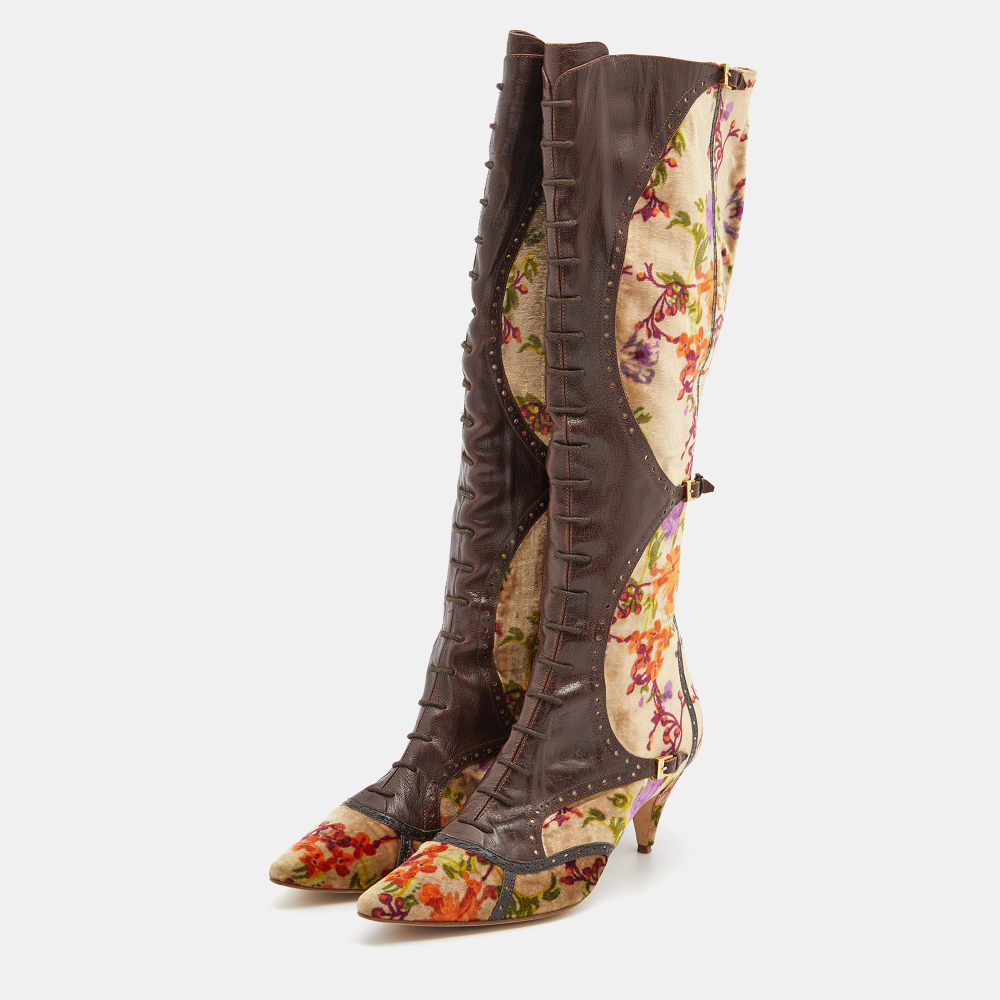 

Etro Multicolor Floral Velvet and Brogue Leather Lace Detail Knee Length Boots Size