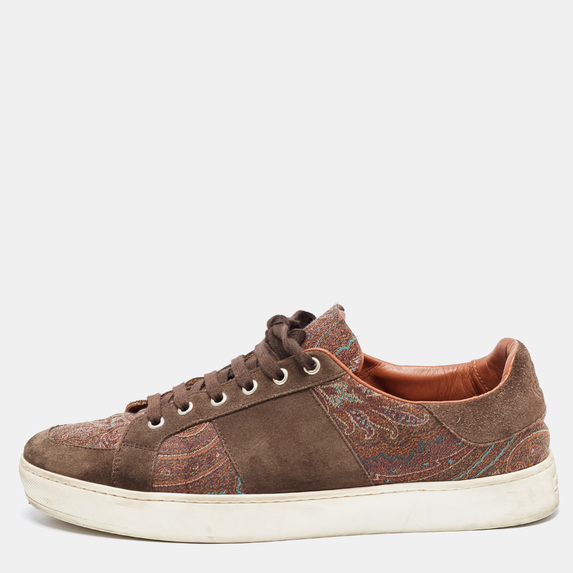 Pre-owned Etro Brown Brocade Fabric And Suede Low Top Trainers Size 44