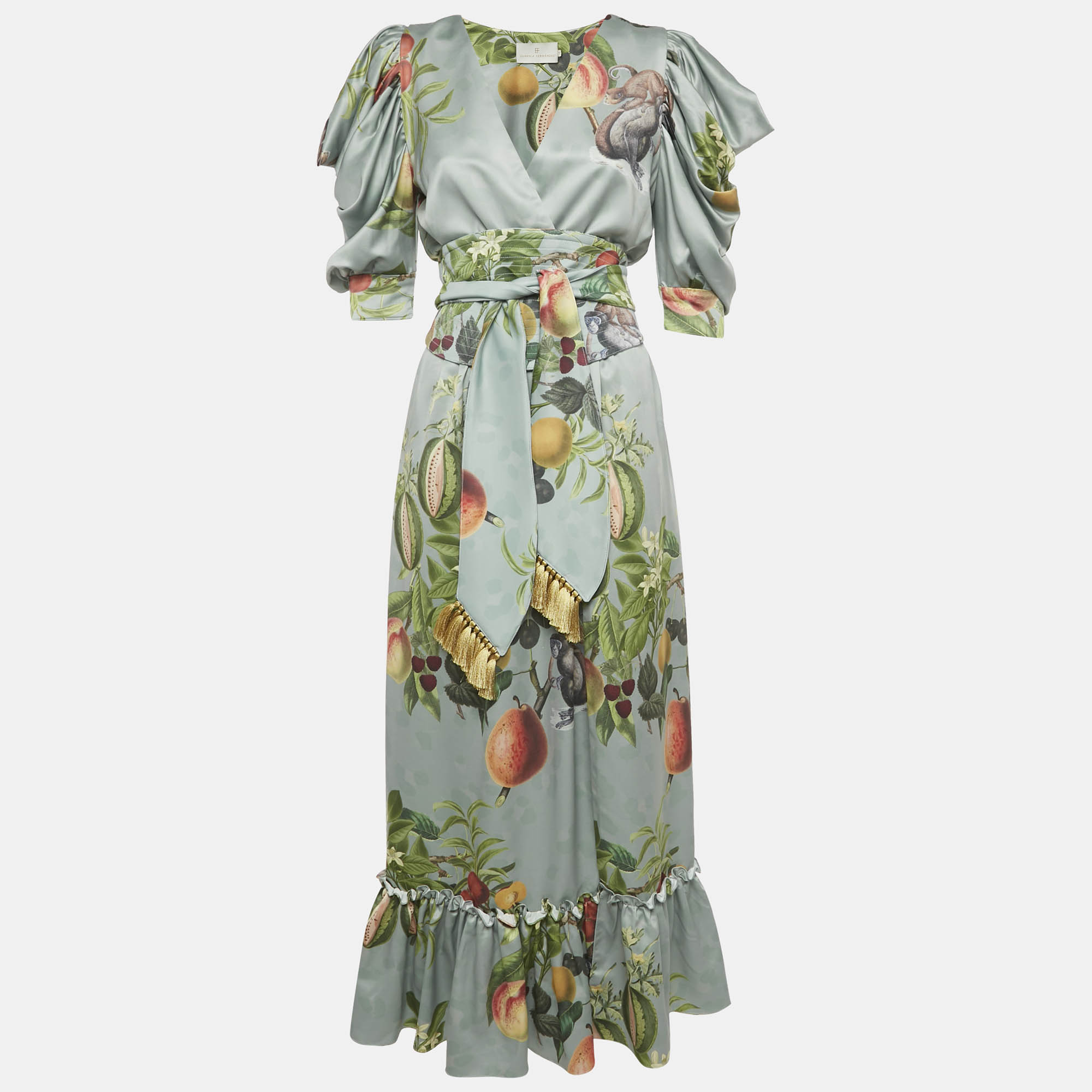 

Eugenia Fernandez Sage Green Printed Satin Palma Maxi Dress XS