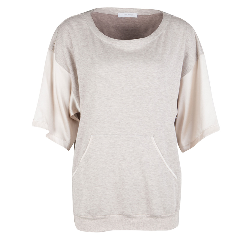مملوكة مسبقًا Fabiana Filippi Beige Satin Sleeve Ribbed Hem Detail Nickel Embellished Top XS