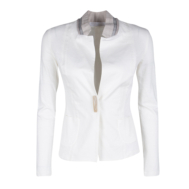 Fabiana Filippi White Contrast Collar Detail Cotton Linen Jacket XS
