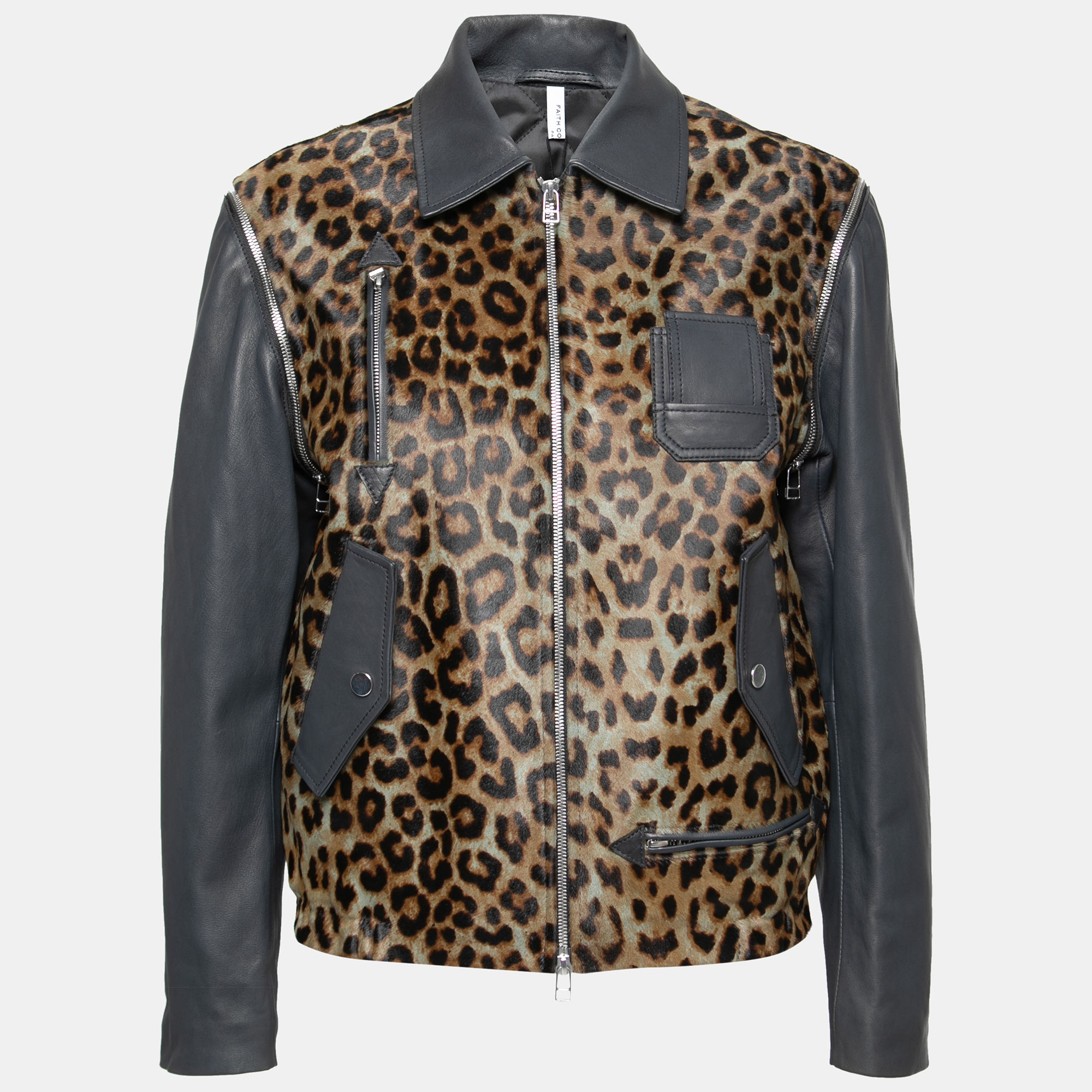 

Faith Connexion Khaki and Navy Cheetah Print Detachable Sleeve Detail Moto Jacket, Brown