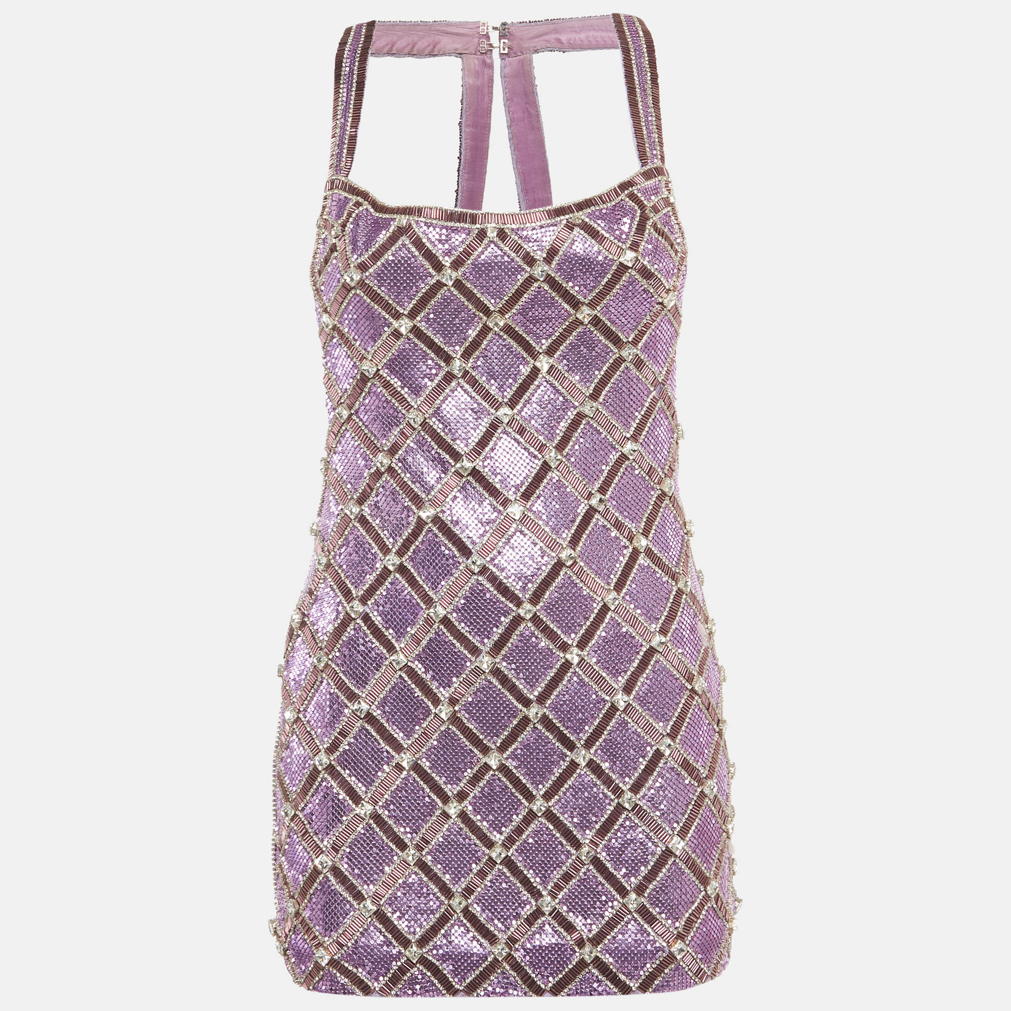

Farda Purple Metallic Embroidered Back Drape Detail Mini Dress