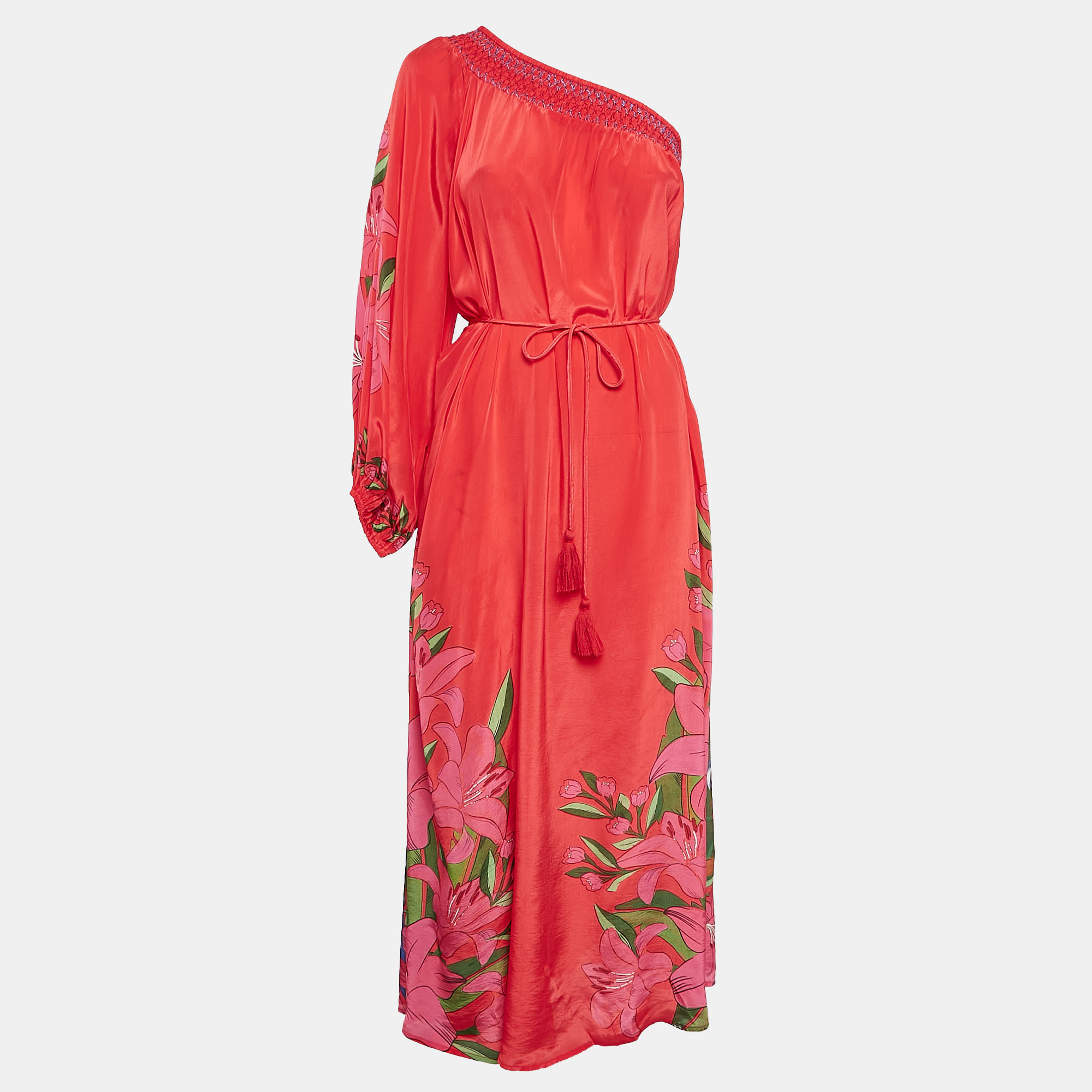 

Farm Rio Red Floral Print Crepe Shirring One Shoulder Maxi Dress S