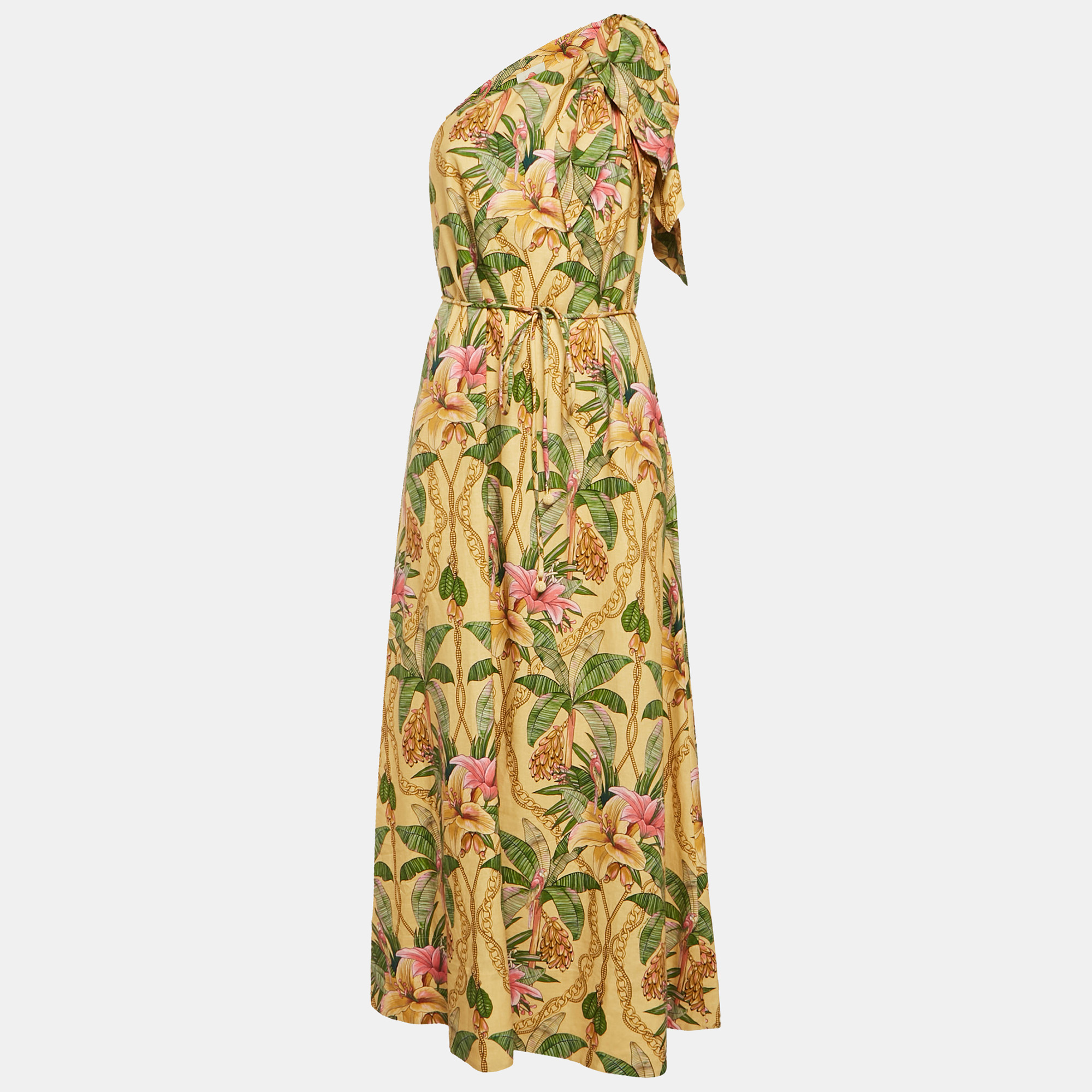 

Farm Rio Yellow Tropical Paradise Printed One Shoulder Maxi Dress M