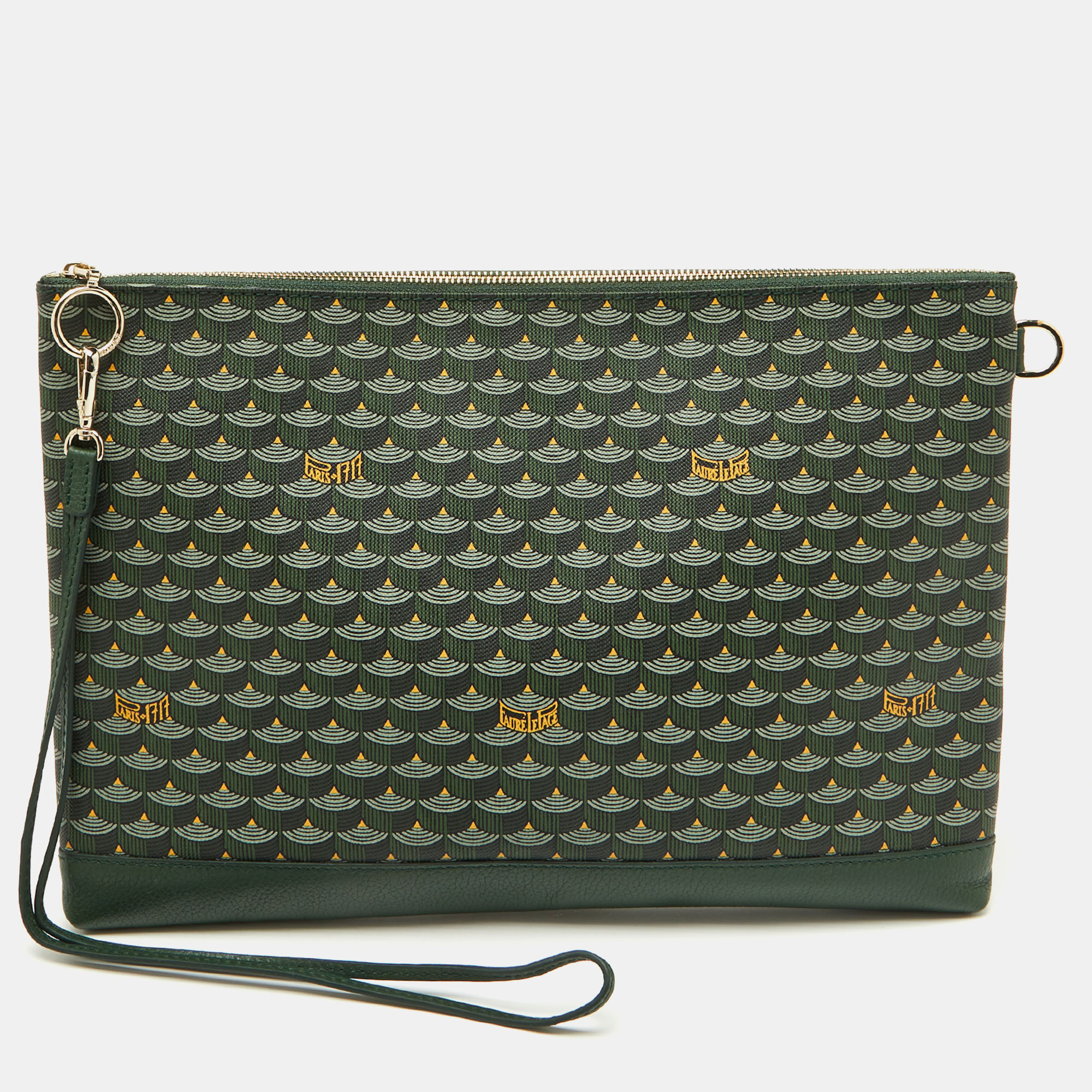 

Faure Le Page Green Coated Canvas and Leather Wristlet Clutch