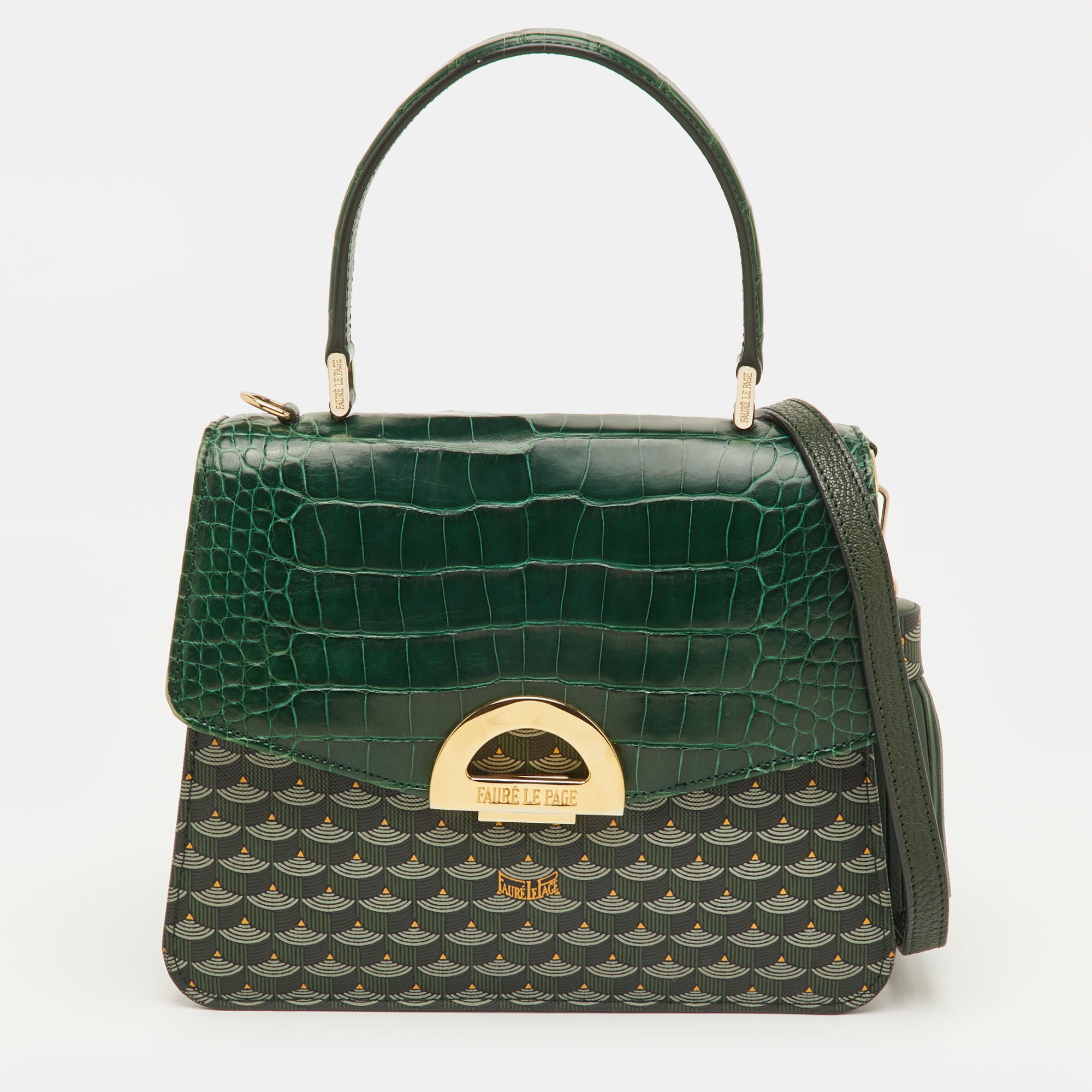 

Faure Le Page Parade Green Coated Canvas and Alligator Top Handle Bag