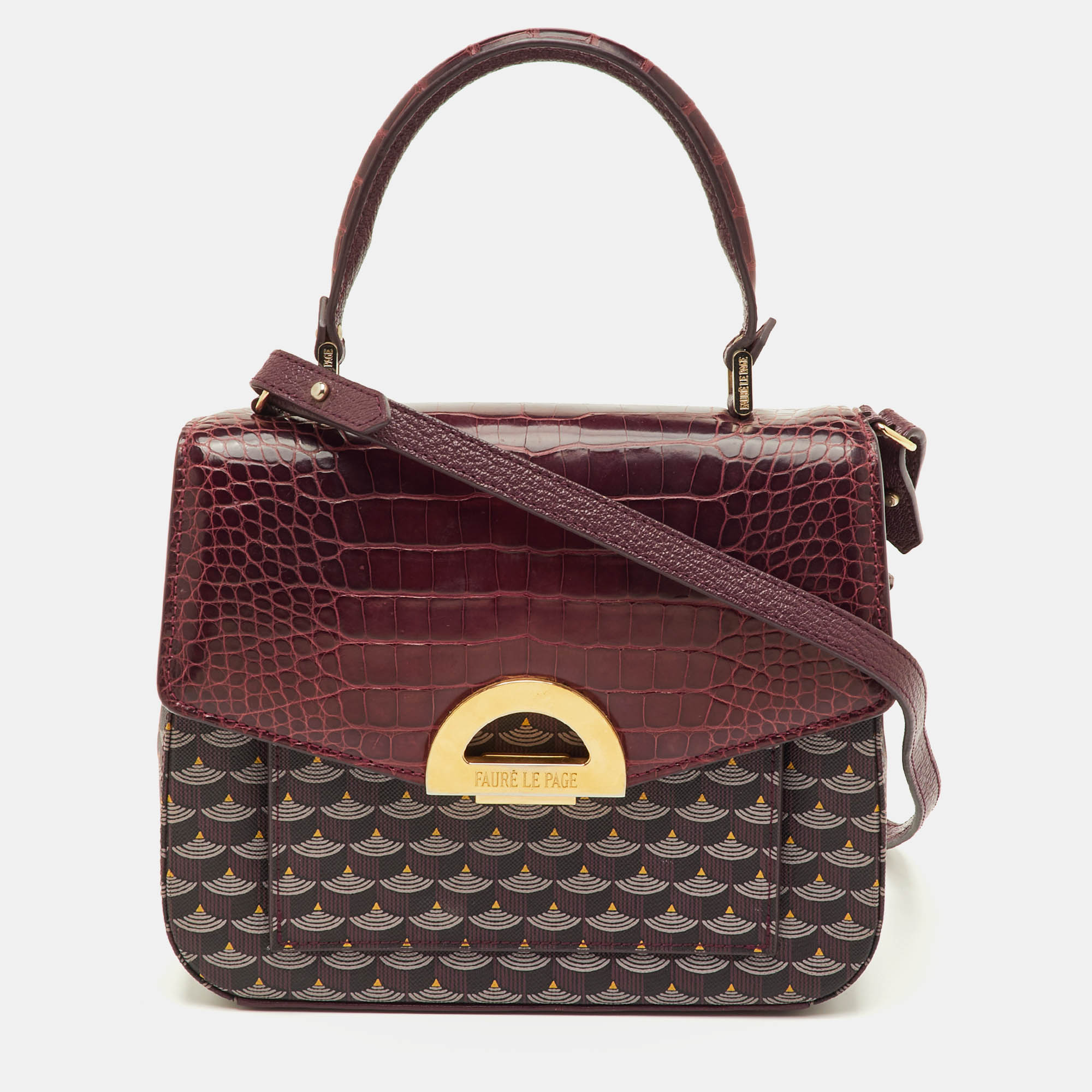 

Faure Le Page Burgundy Coated Canvas and Croc Embossed Leather Top Handle Bag