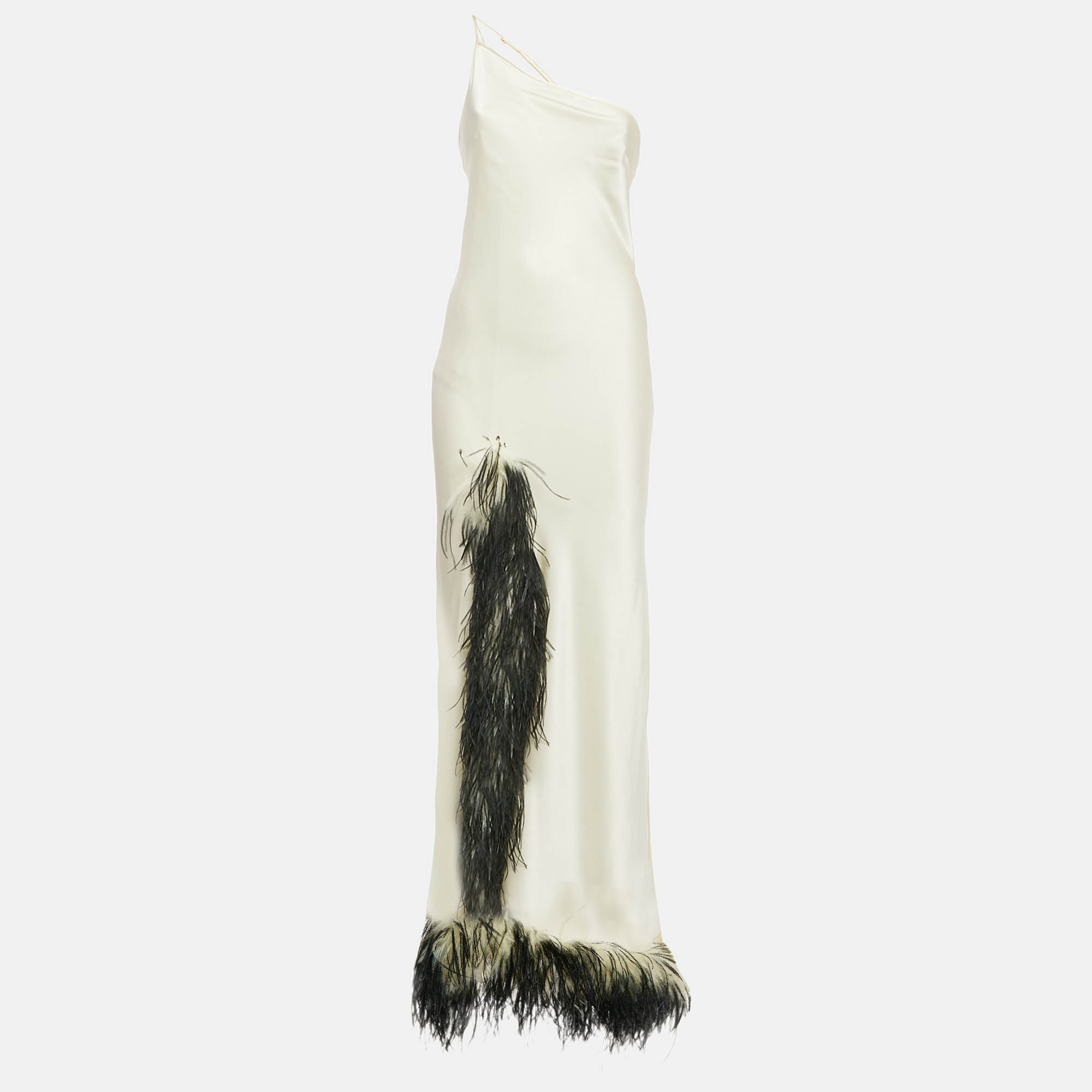 

Femme Fatale Off-White Satin Feather Trimmed Sleeveless Asymmetric Maxi Dress S