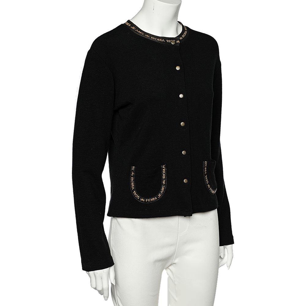 

Fendi Jeans Black Wool Knit Logo Trim Detail Button Front Cardigan