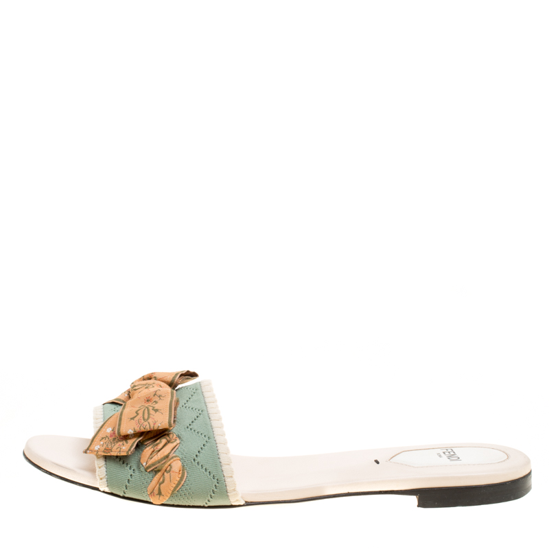 

Fendi Moss Green Stretch Knit Bow Embellished Flat Slides Size
