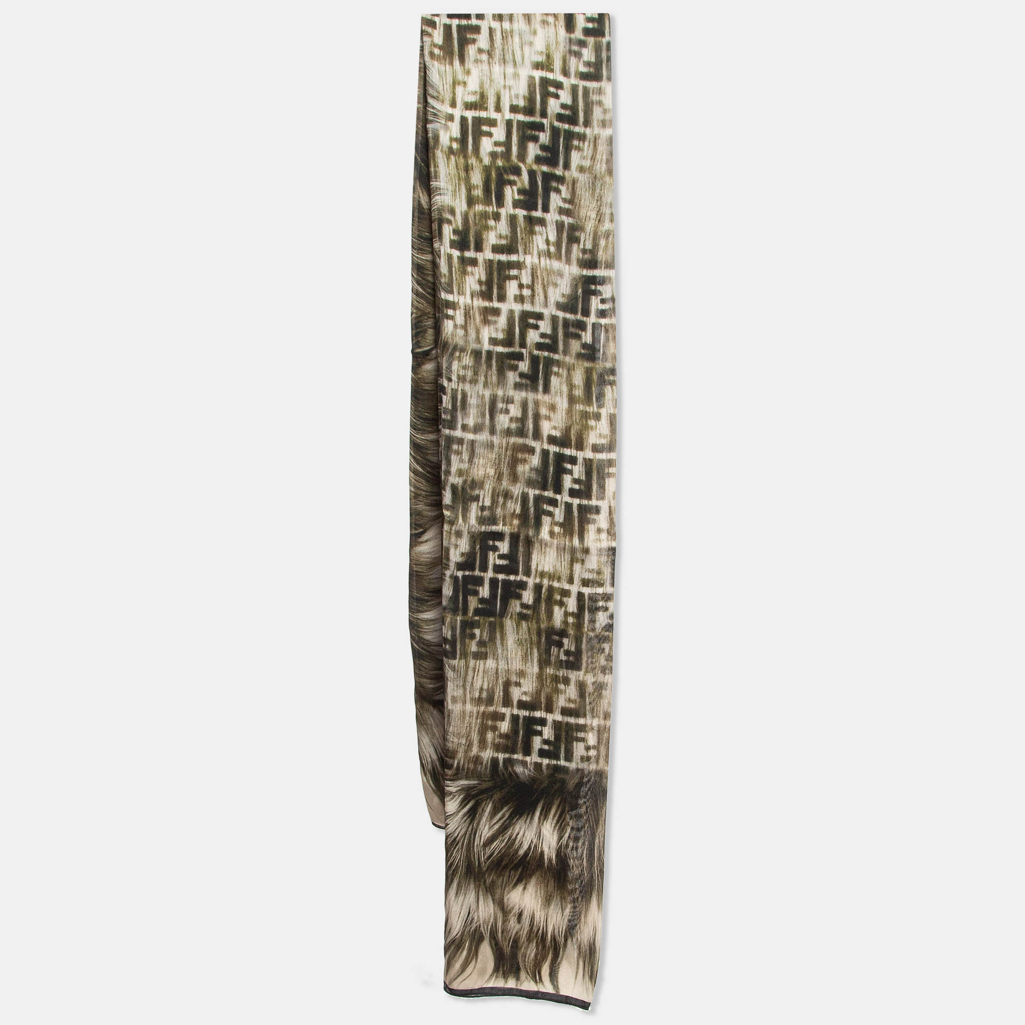 

Fendi Green Fur and Zucca Print Silk Stole