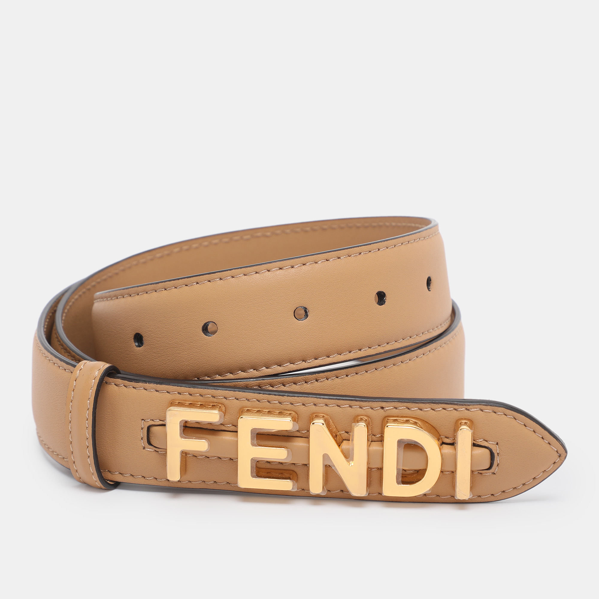 Fendi Beige Leather Fendigraphy Waist Belt 85CM