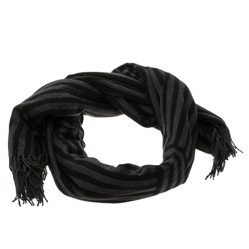 Pre Owned Fendi Black and Grey Silk Logo Detail Shawl