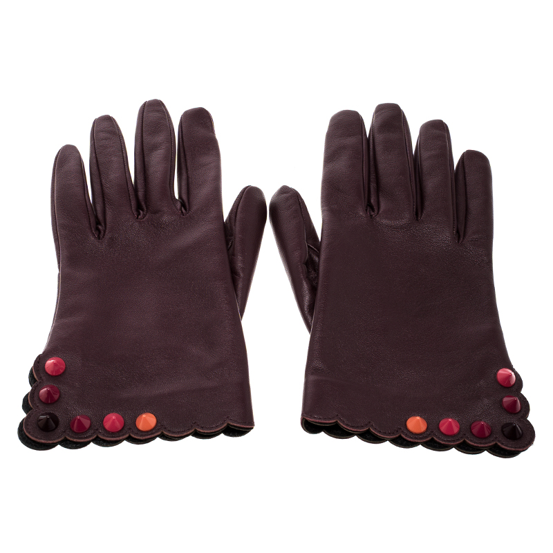 

Fendi Burgundy Leather Studded Gloves Size