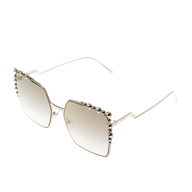 Fendi Gold/Black Gradient Gold Mirrored FF0259/S Studded Square Cat Eye Sunglasses  Fendi