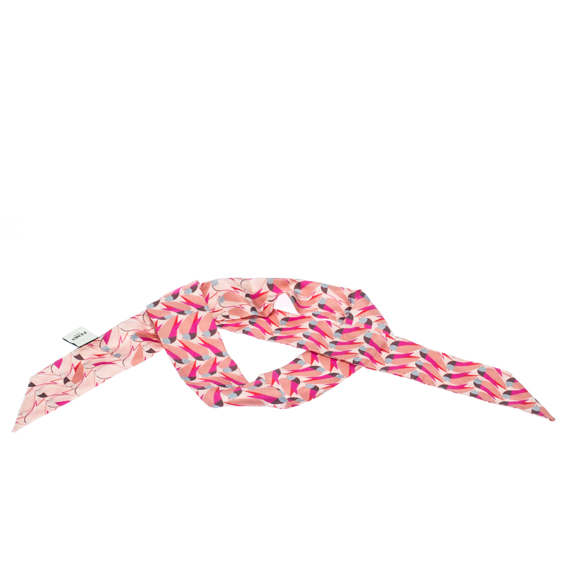 Fendi Pink Abstract Bird Print Silk Twilly Creatures Cipria Bandeau Scarf