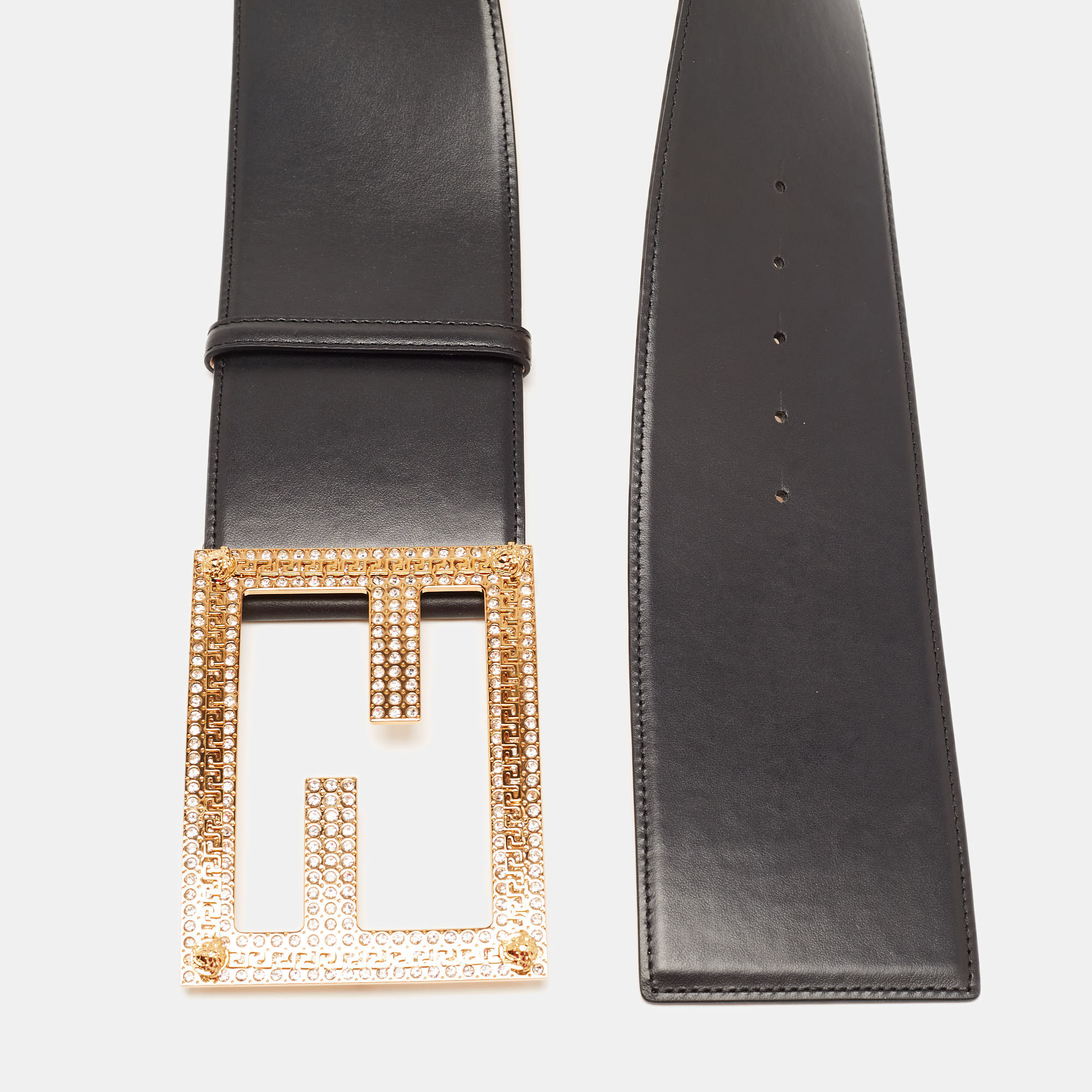 

Fendi Black Leather Fendace Crystals Embellished Wide Belt