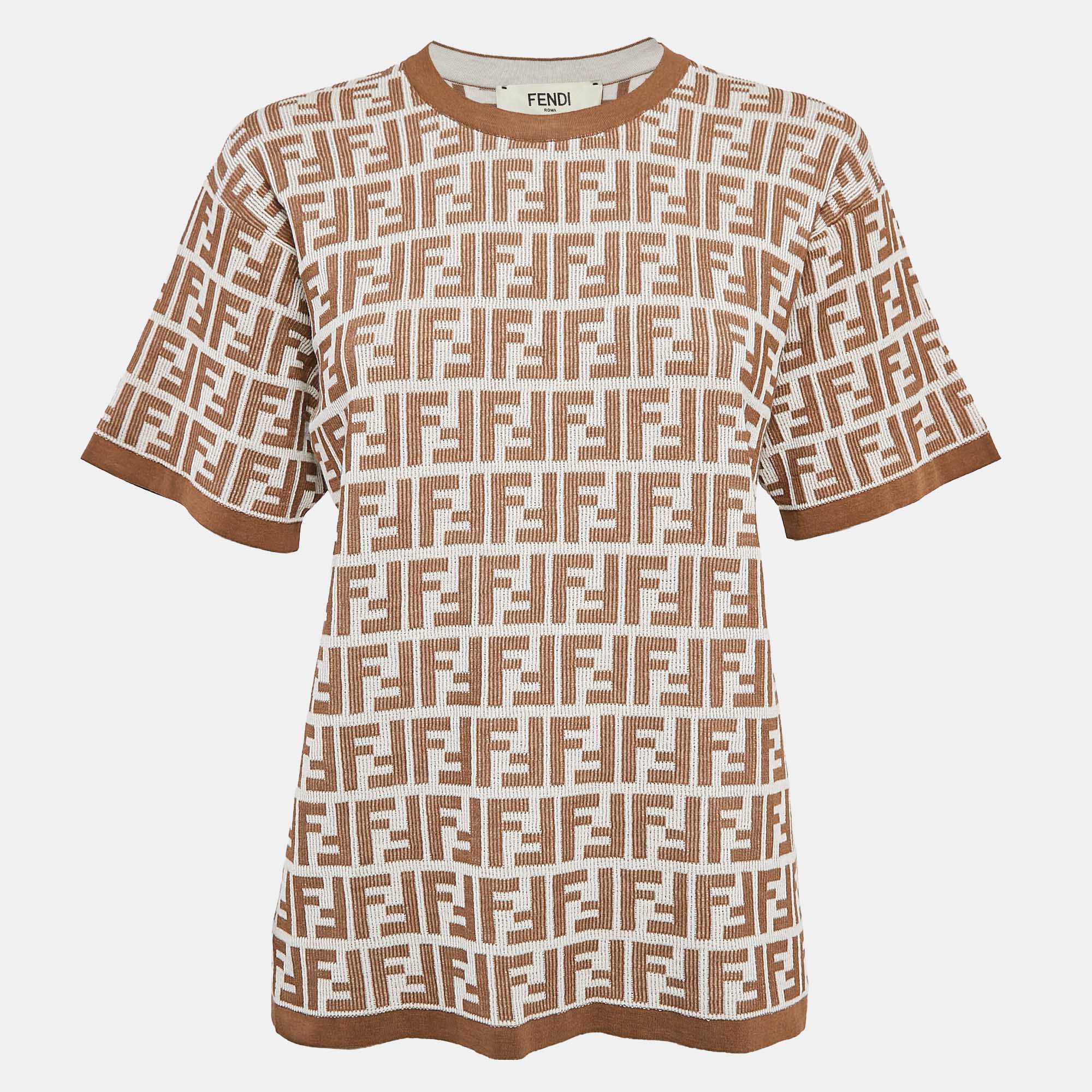 

Fendi Brown and White Zucca Logo Print Rib Knit T-Shirt M