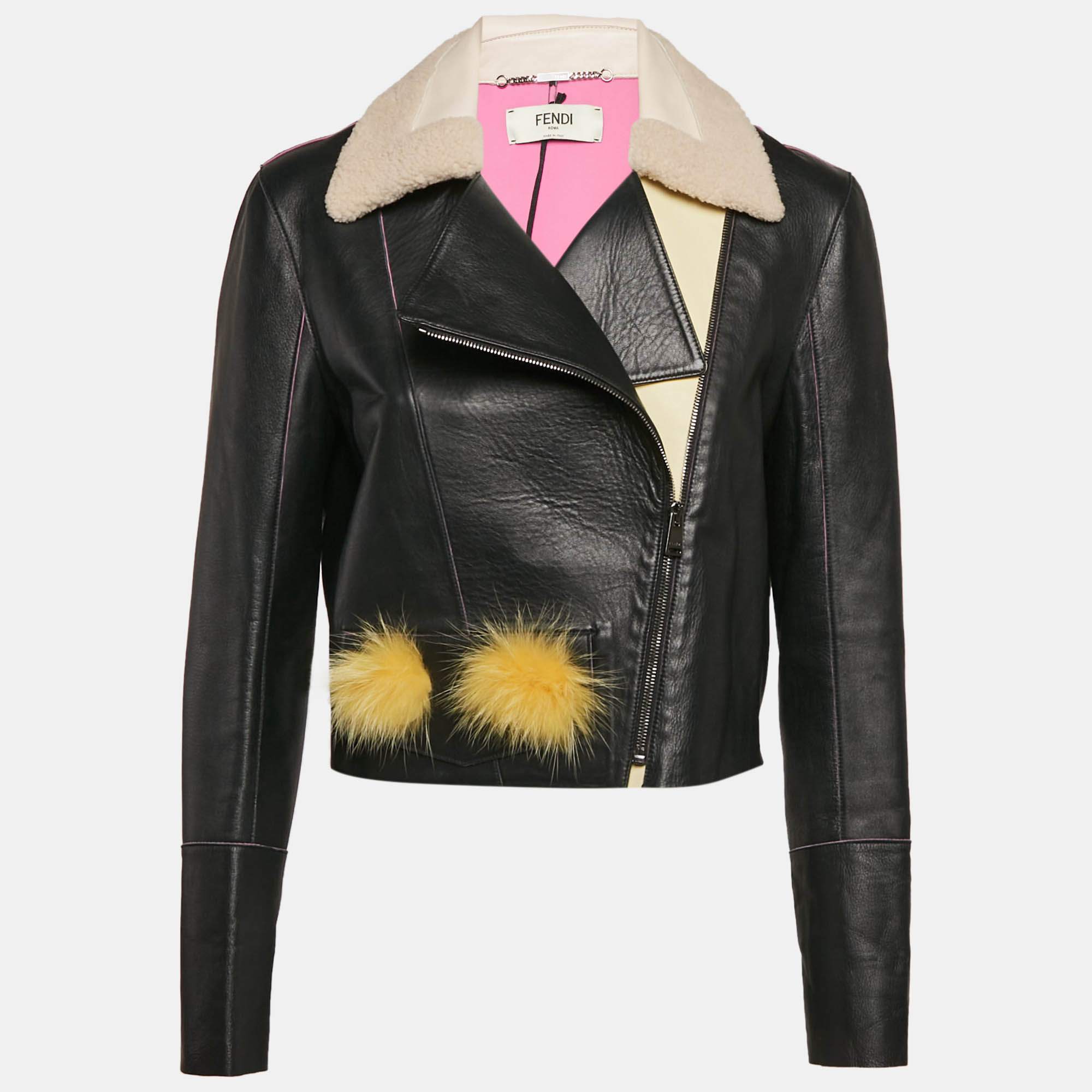 

Fendi Black Nappa Bugs Eyes Embroidered Fox Fur and Leather Jacket M