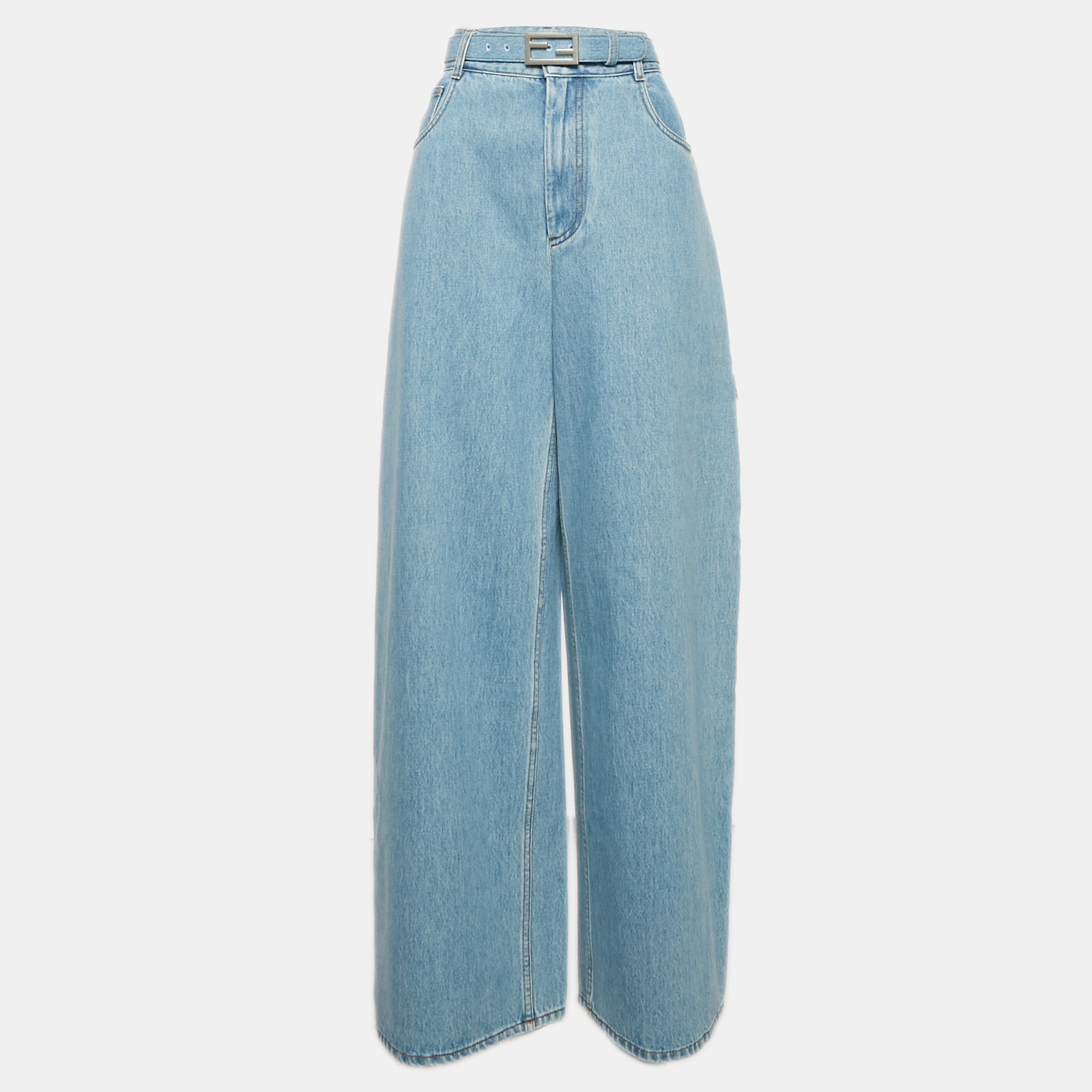 

Fendi Blue Baguette Denim Wide-Leg Belted Jeans M Waist 29"