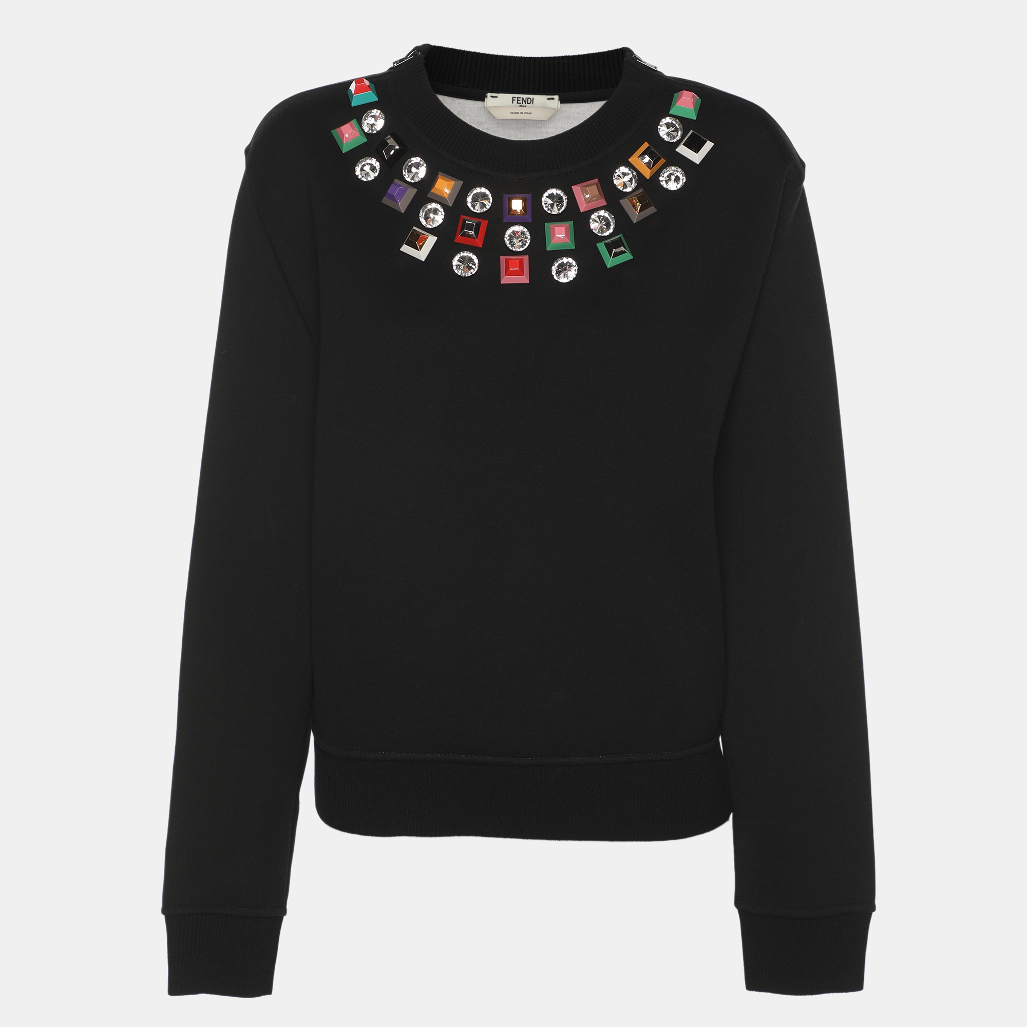 Pre-owned Fendi Black Knit Embellished Neck Detail Cropped Sweatshirt M