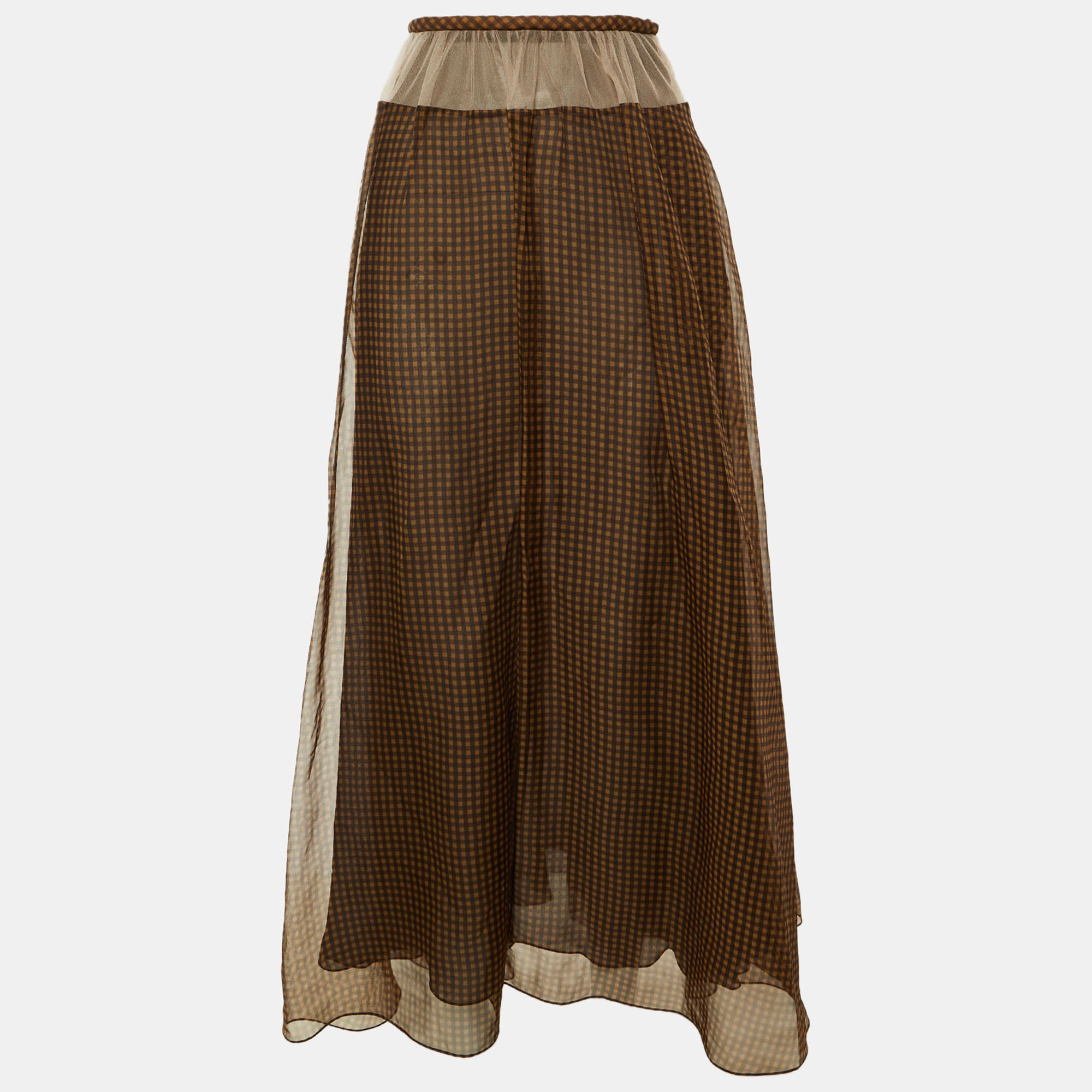 

Fendi Brown Check Print Silk Mesh Trim Sheer Maxi Skirt M