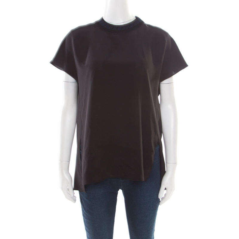 Pre Owned Fendi Black Silk Ribbed Logo Neck Trim Detail Top S