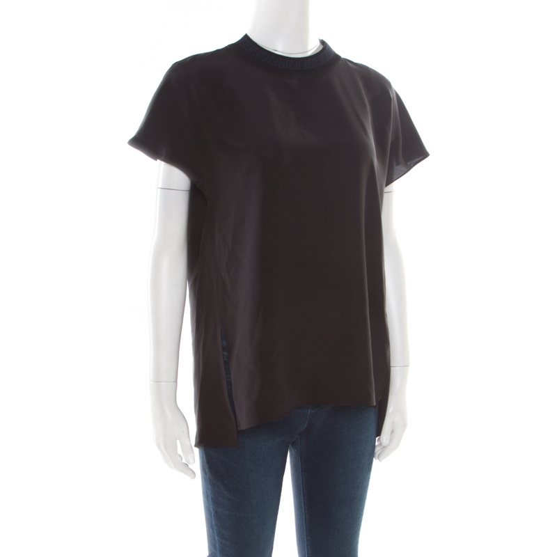 

Fendi Black Silk Ribbed Logo Neck Trim Detail Top