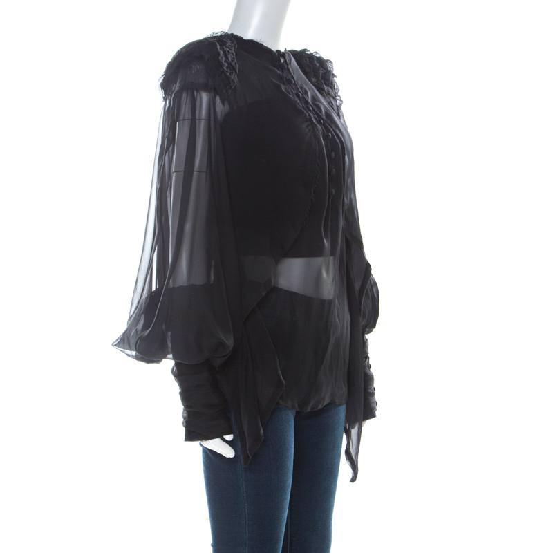 

Fendi Black Sheer Silk Ruched Power Shoulder Blouse