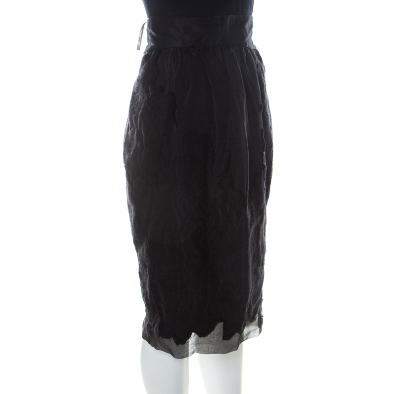 

Fendi Black Silk & Wool Applique Knee Length Sheath Skirt