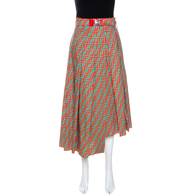 Pre-owned Fendi Bicolor Zucca Monogram Print Pleated Asymmetric Skirt M In Orange