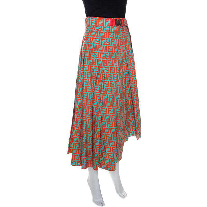 

Fendi Bicolor Zucca Monogram Print Pleated Asymmetric Skirt, Orange