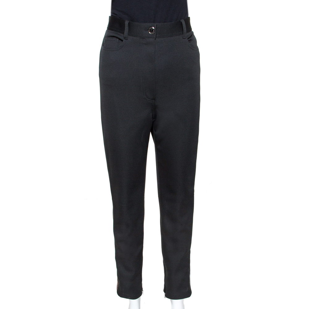 Pre Owned Fendi Black Pique Jersey Logo Band Detail Trousers M