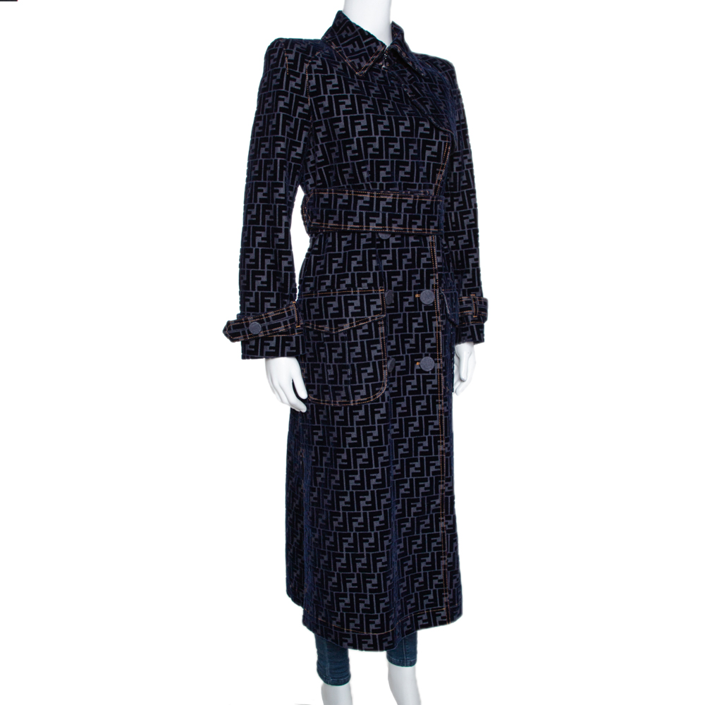 

Fendi Blue Zucca Flock Printed Denim Belted Trench Coat