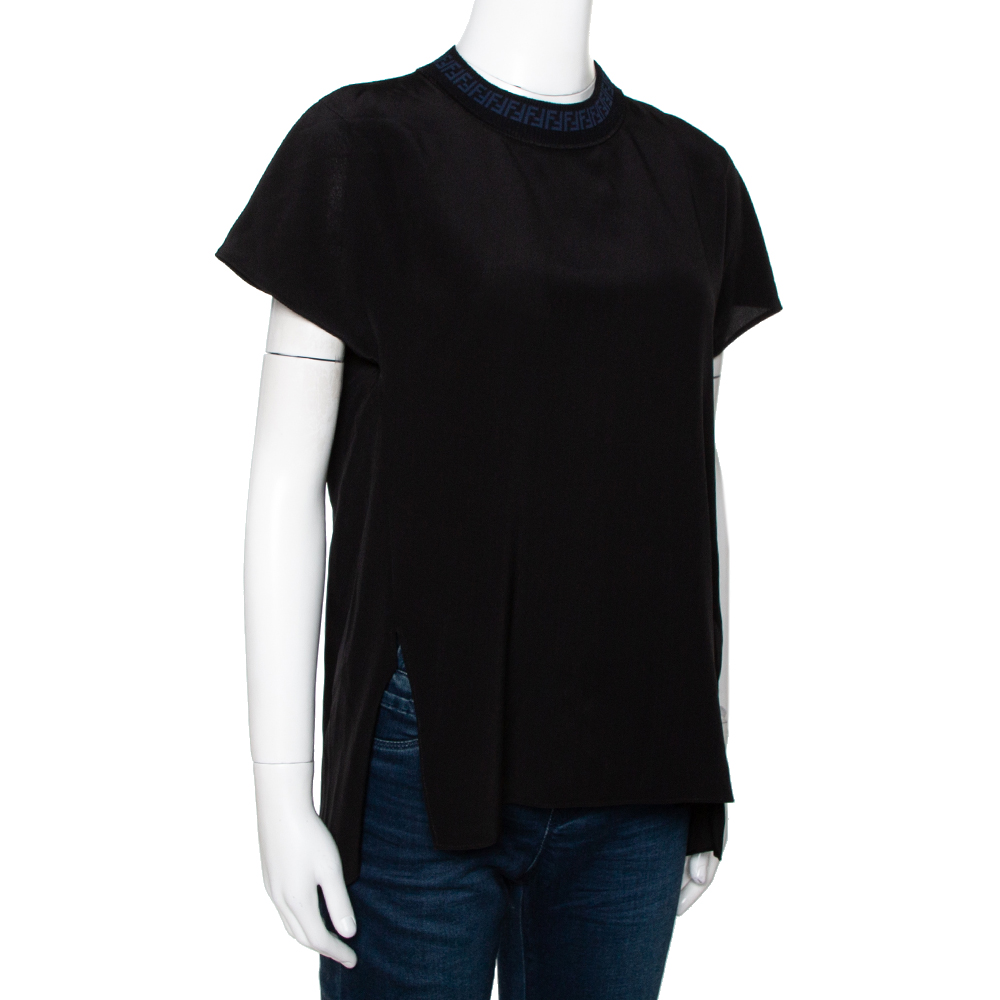 

Fendi Black Silk Ribbed Logo Neck Trim Detail Top