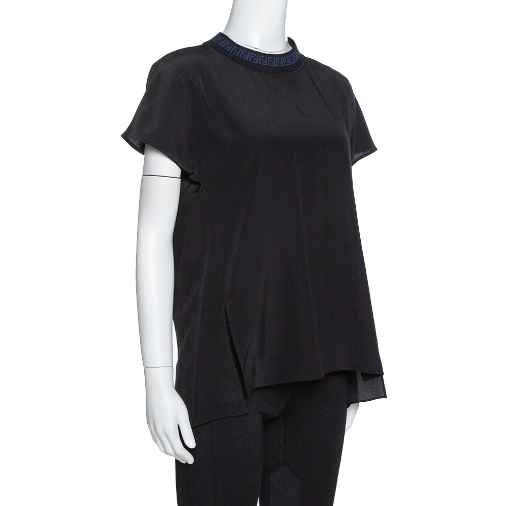 

Fendi Black Silk Ribbed Logo Neck Trim Detail Top