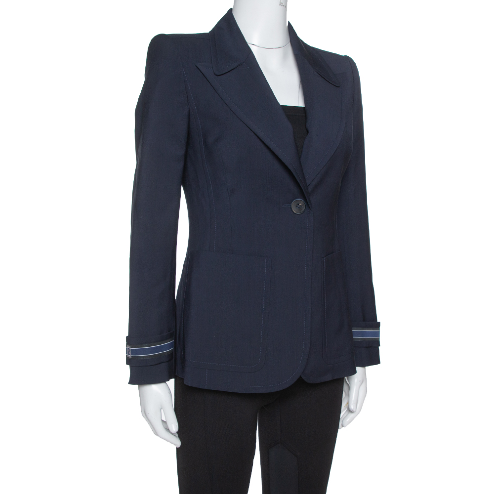 

Fendi Navy Blue Wool Blend Striped Cuff Detail Tailored Blazer