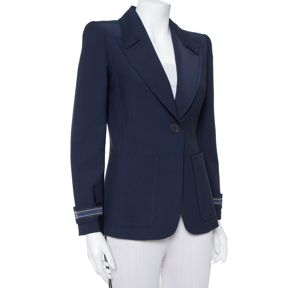 

Fendi Navy Blue Wool Blend Striped Cuff Detail Tailored Blazer