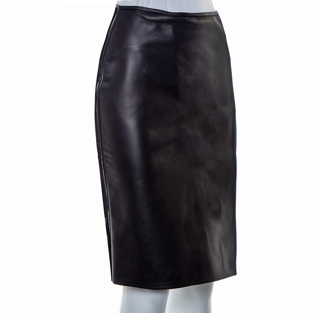 

Fendi Black Leather & Knit Slit Detail Knee Length Skirt