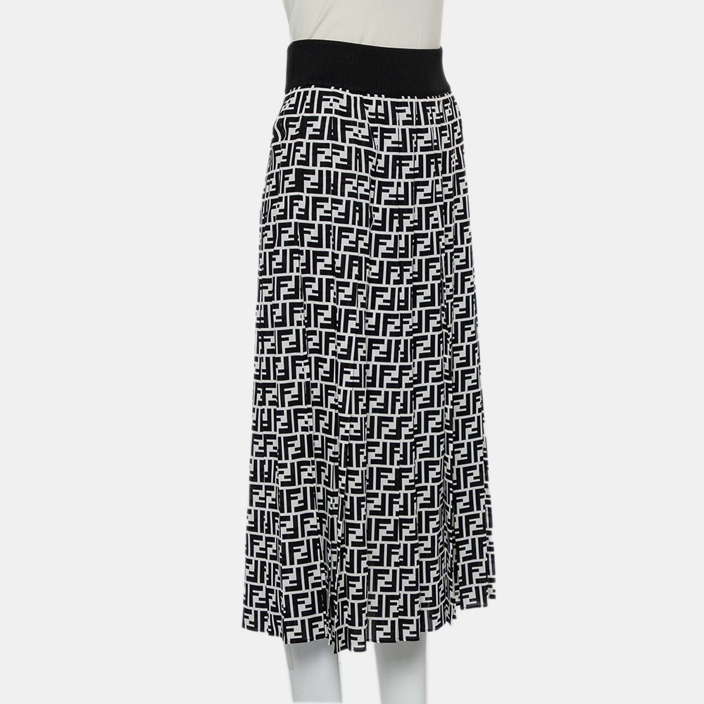 

Fendi Monochrome Logo Printed Silk Side Slit Detail Midi Skirt, Black