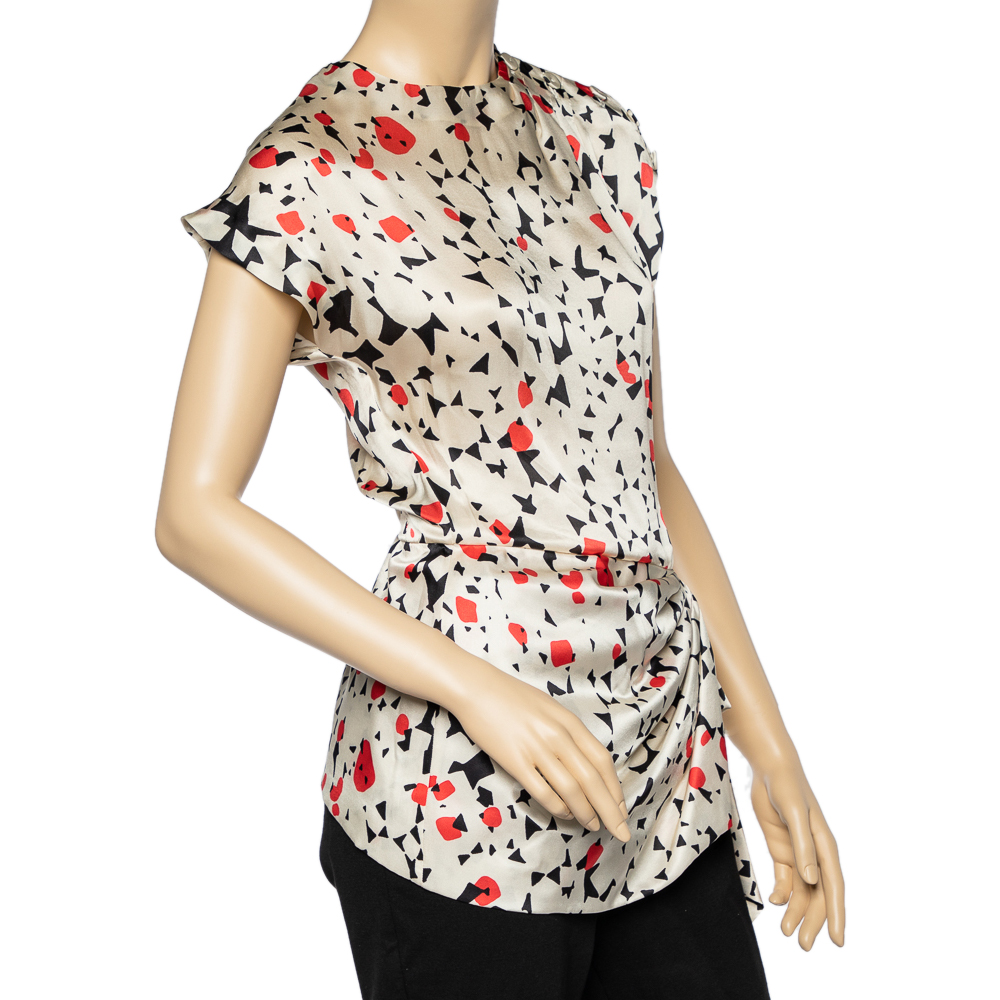 

Fendi Gold Printed Silk Gathered Hem Blouse