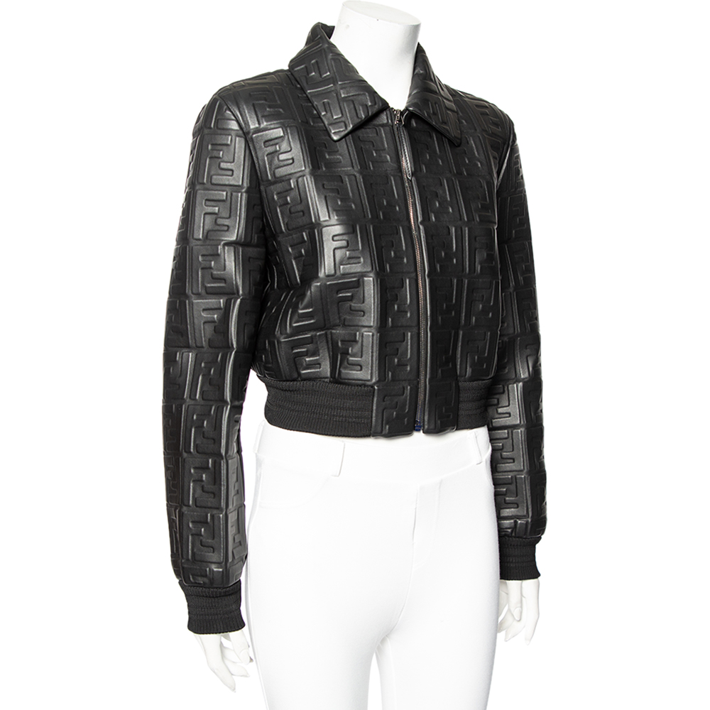 

Fendi Black Logo Embossed Leather Cropped Jacket