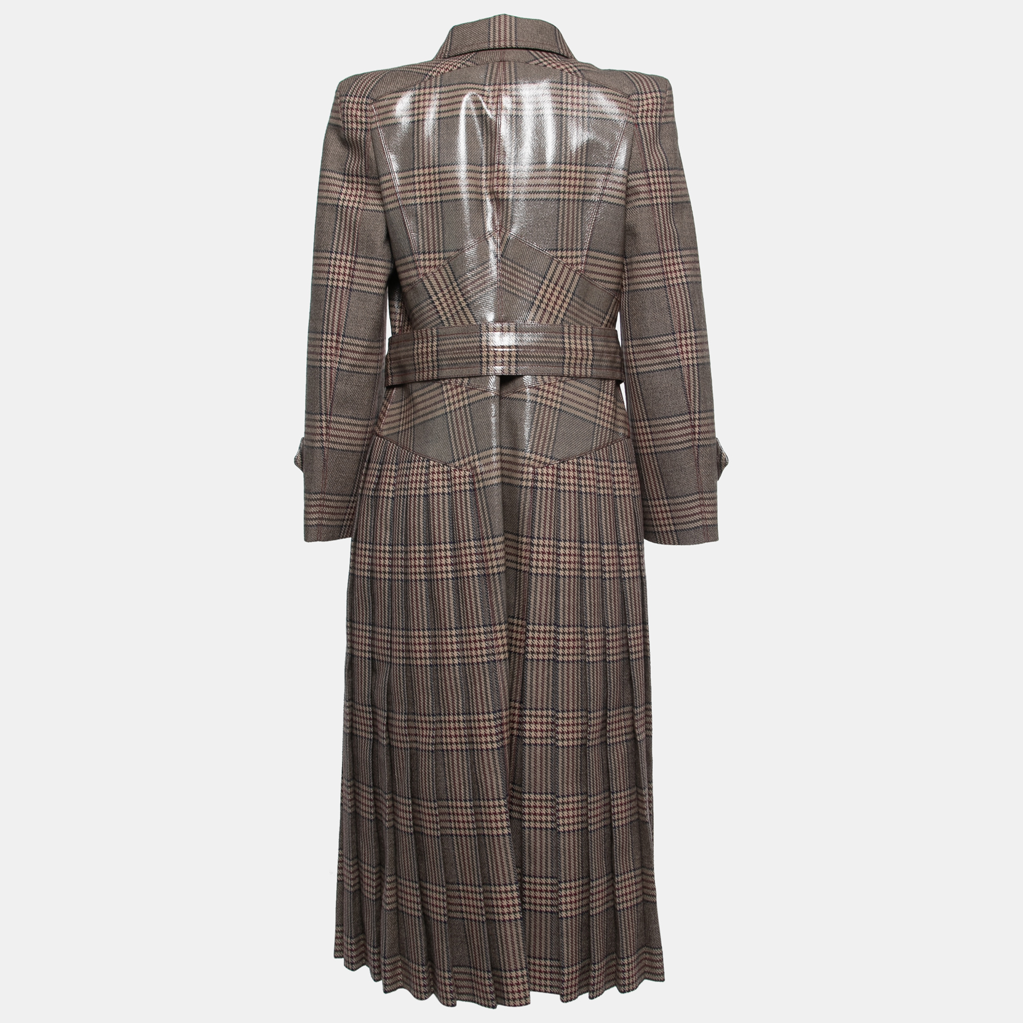 

Fendi Dark Beige Checked Patterned Wool Pleated Long Coat